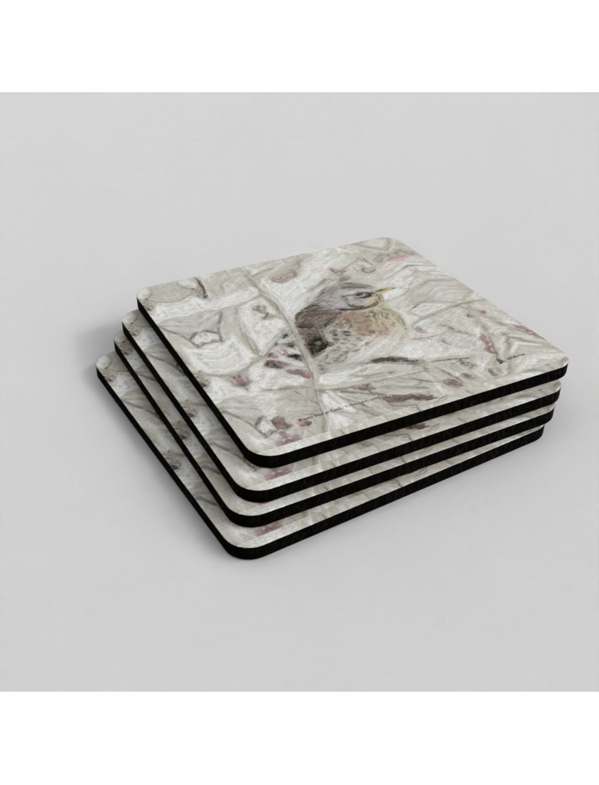 Winter Bird Coasters showing a pencil drawing by Emily Tellwright
