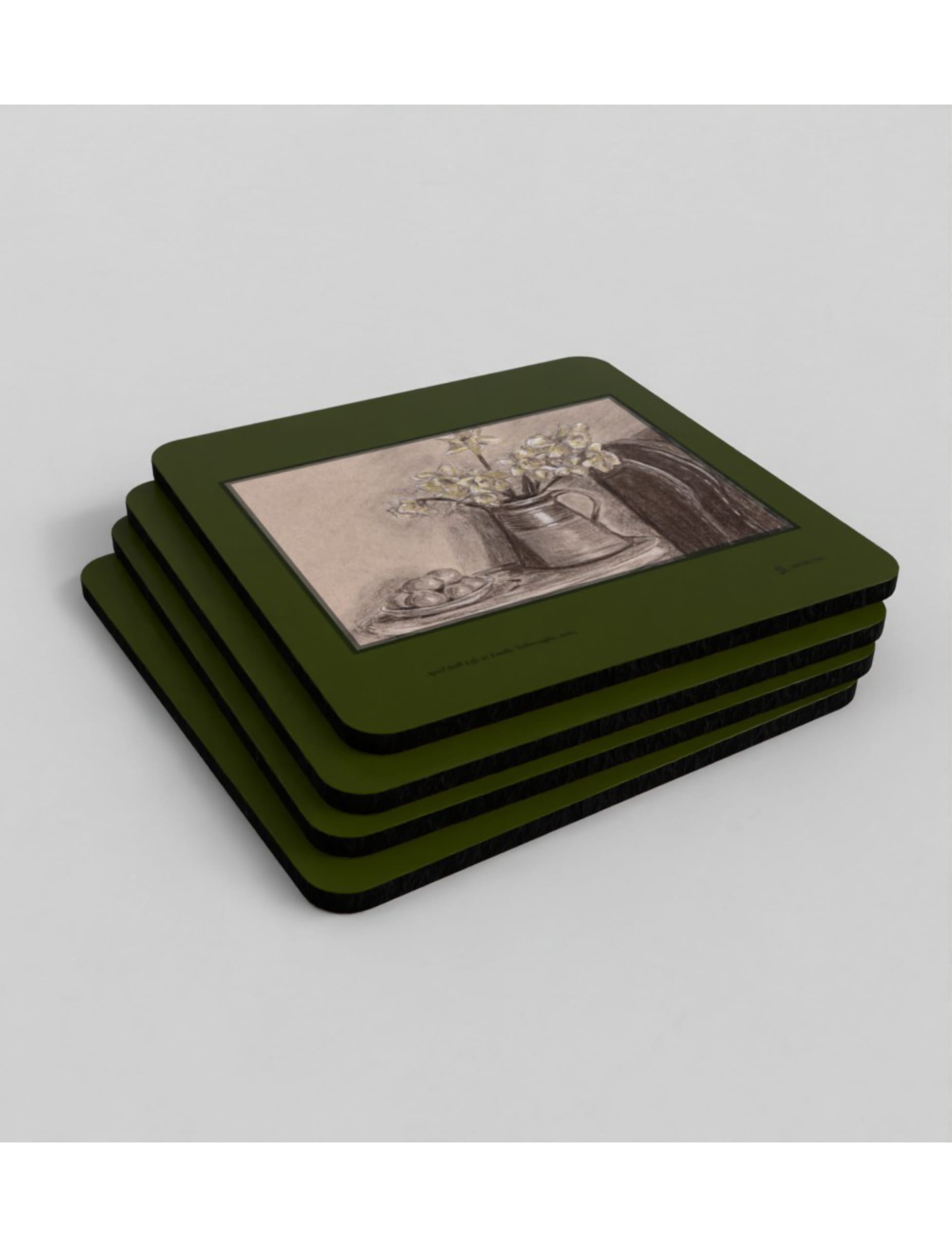 April Still Life coasters showing a charcoal drawing by Emily Tellwright