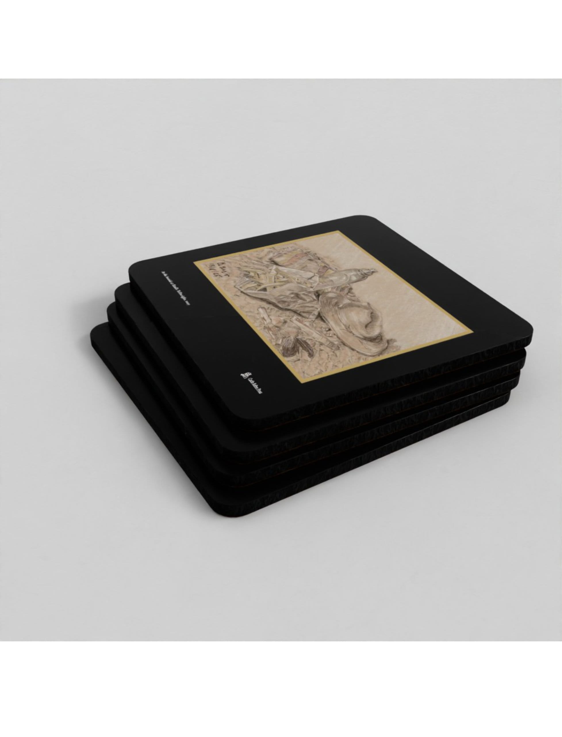 At the Seaside coasters showing a charcoal drawing by Emily Tellwright