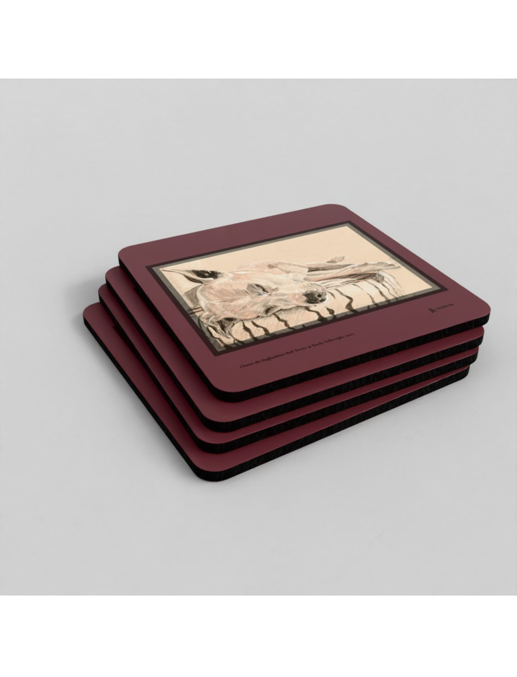 Chance the Staffordshire Bull Terrier Coasters showing a drawing by Emily Tellwright