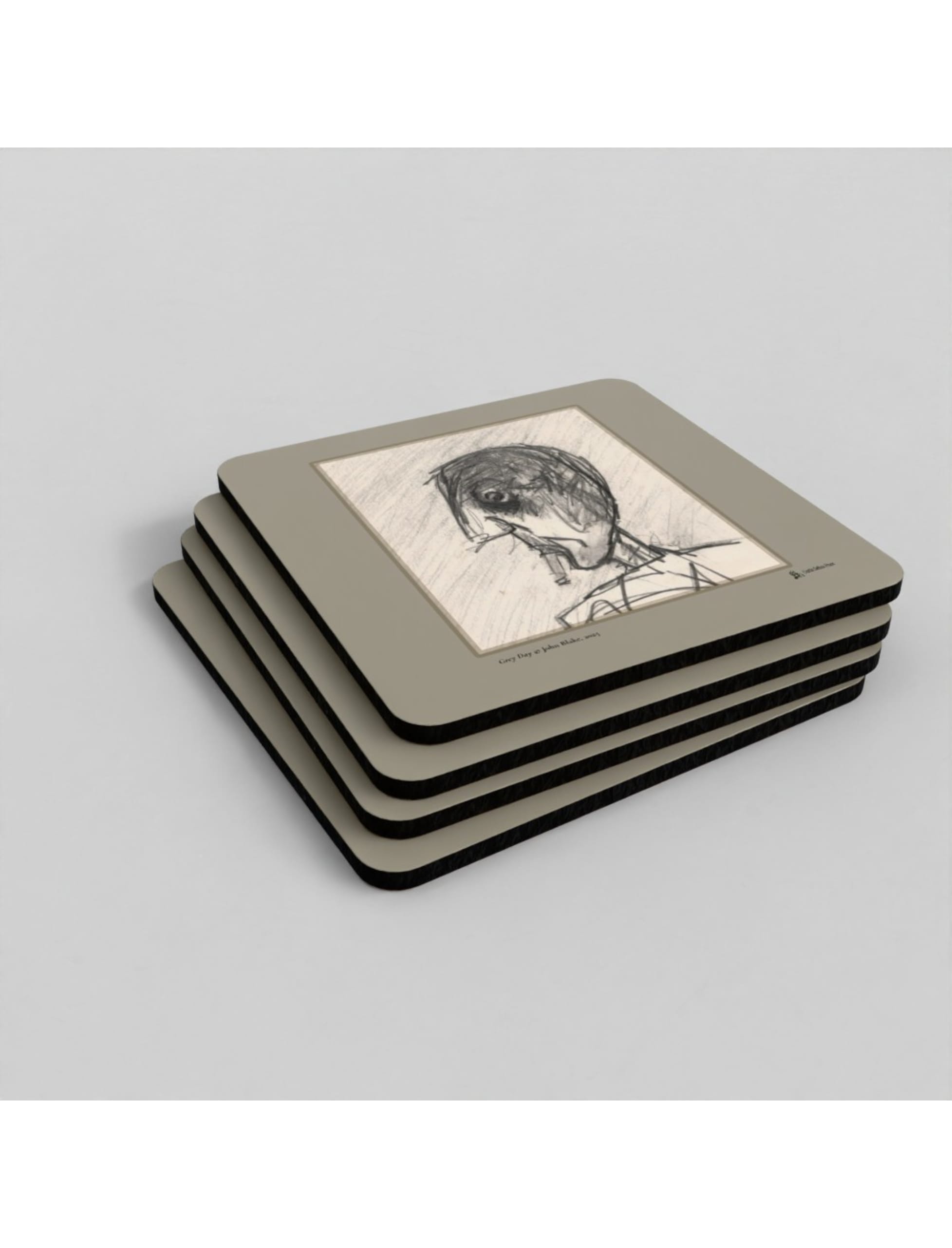 Grey Day coaster showing a drawing by John Blake