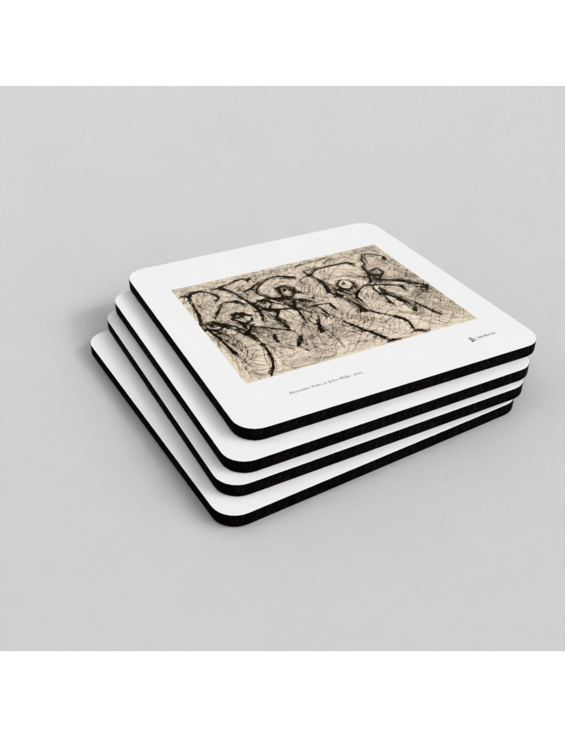 Heterodox Waltz coasters showing a print by John Blake