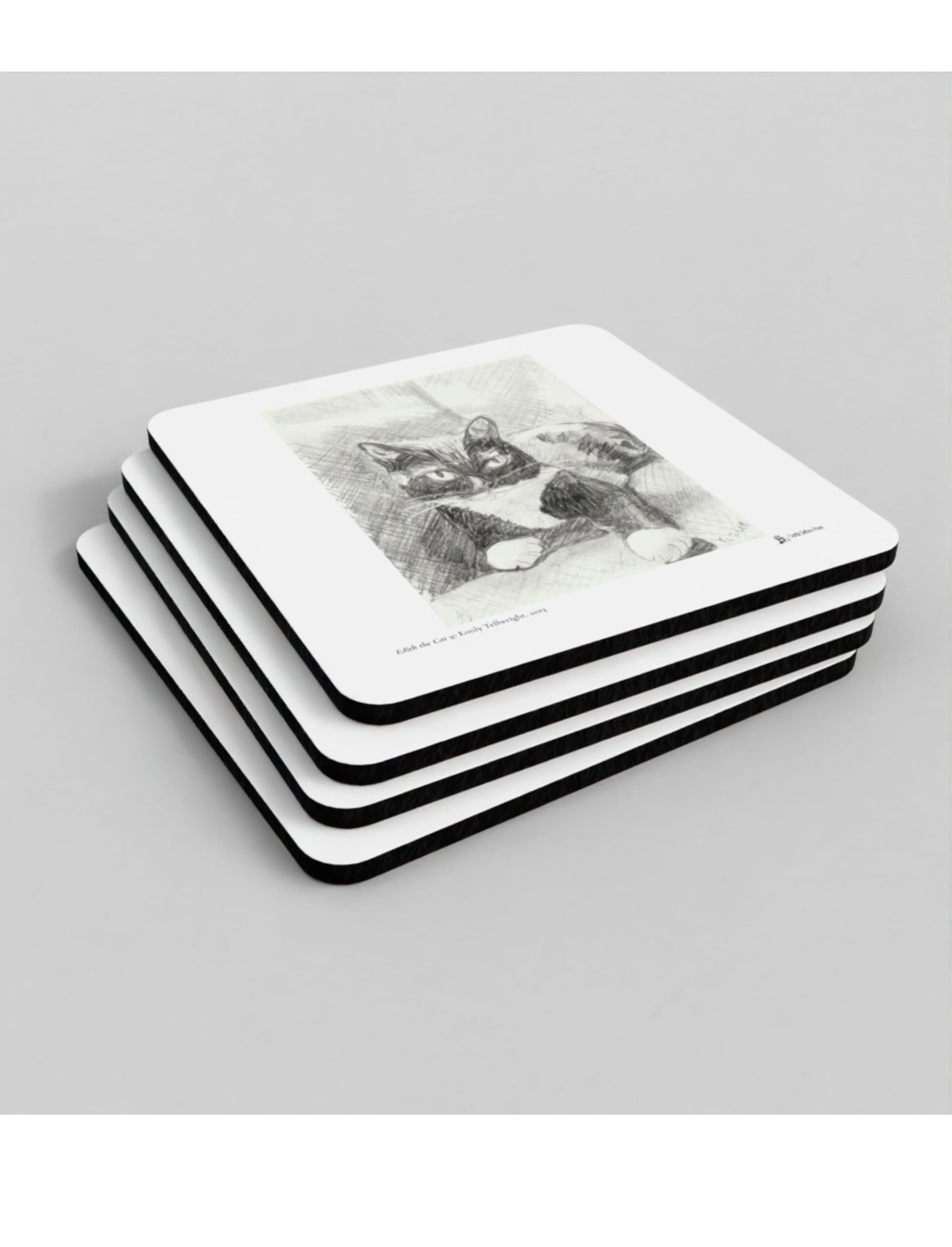 Edith the Cat coasters showing a drawing by Emily Tellwright