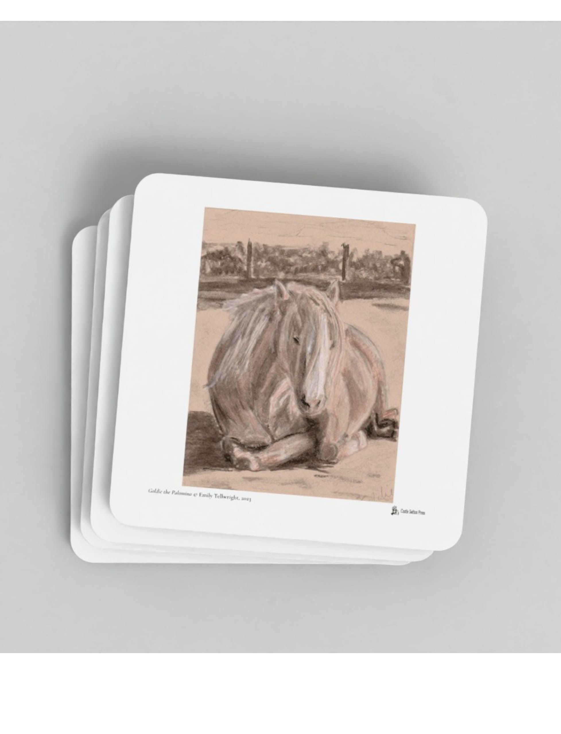Goldie the Palomino coaster showing a charcoal drawing by Emily Tellwright