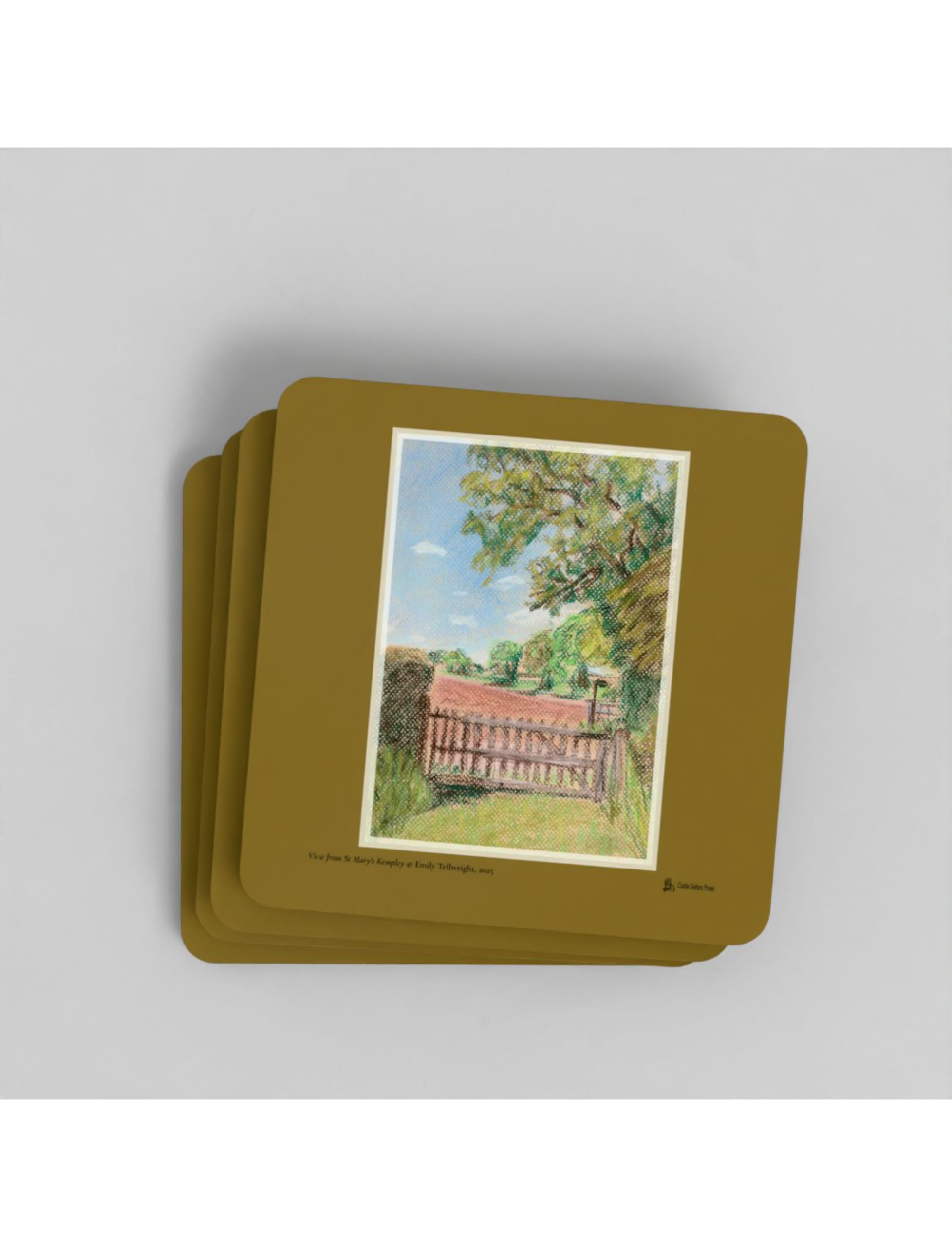 The View from St Mary's Kempley coaster showing a drawing by Emily Tellwright