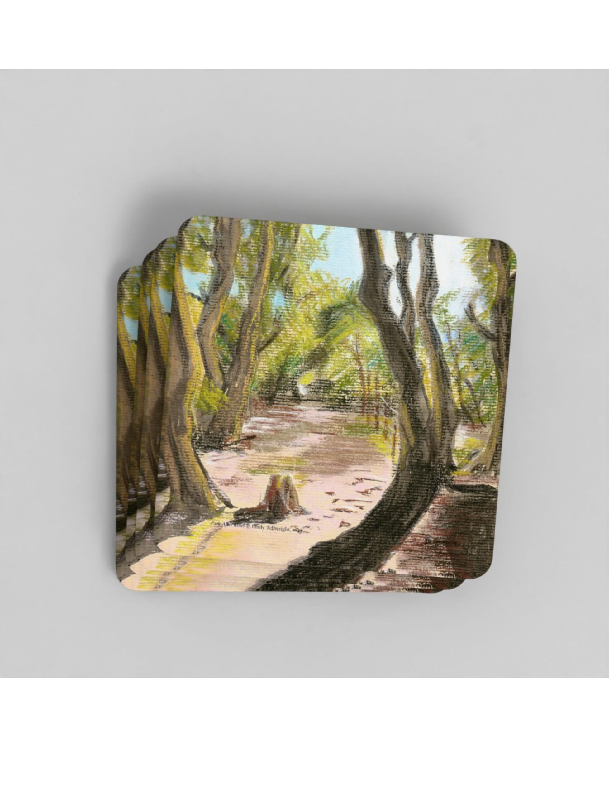 Path after lines coaster showing a pastel drawing by Emily Tellwright