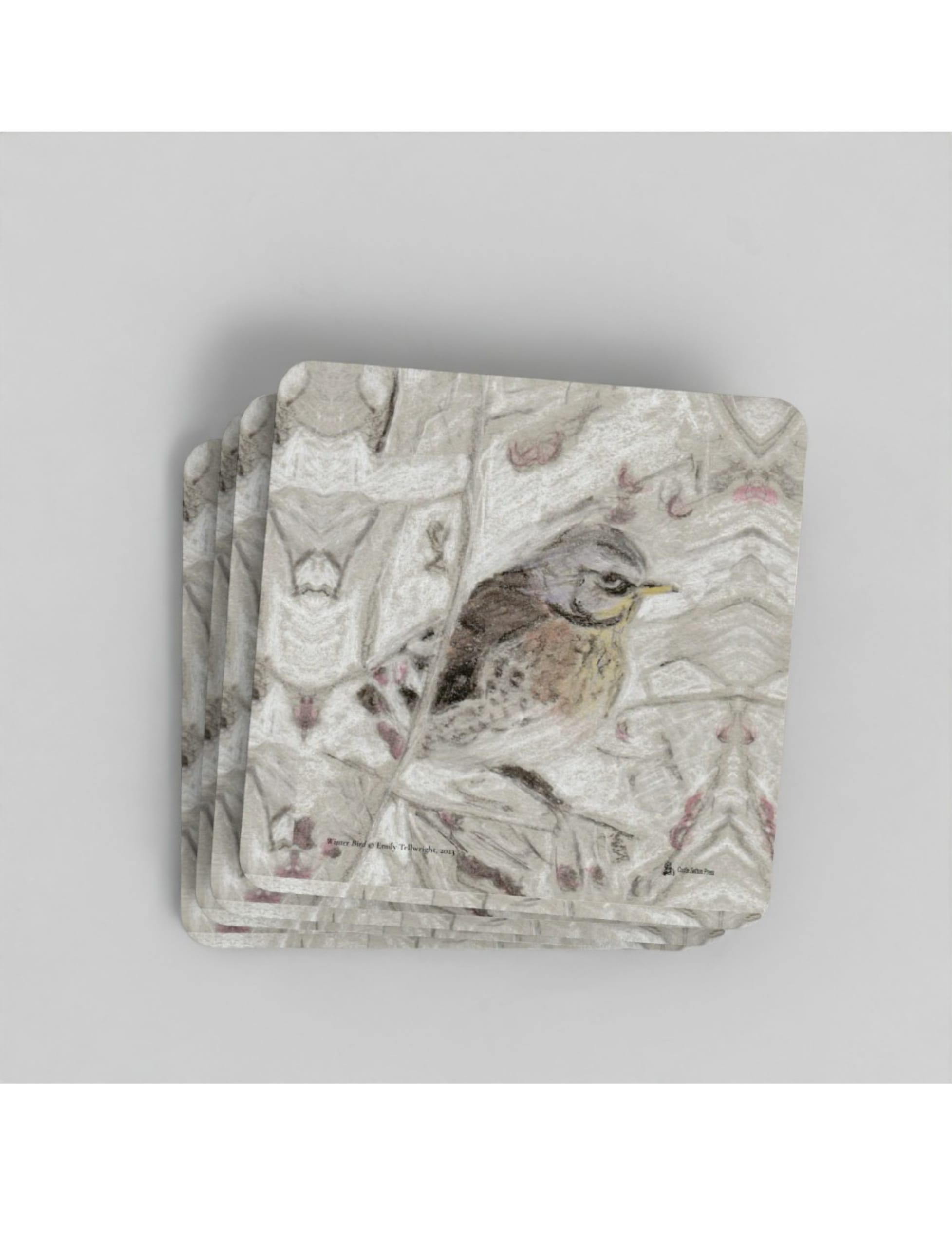 Winter Bird Coasters showing a pencil drawing by Emily Tellwright
