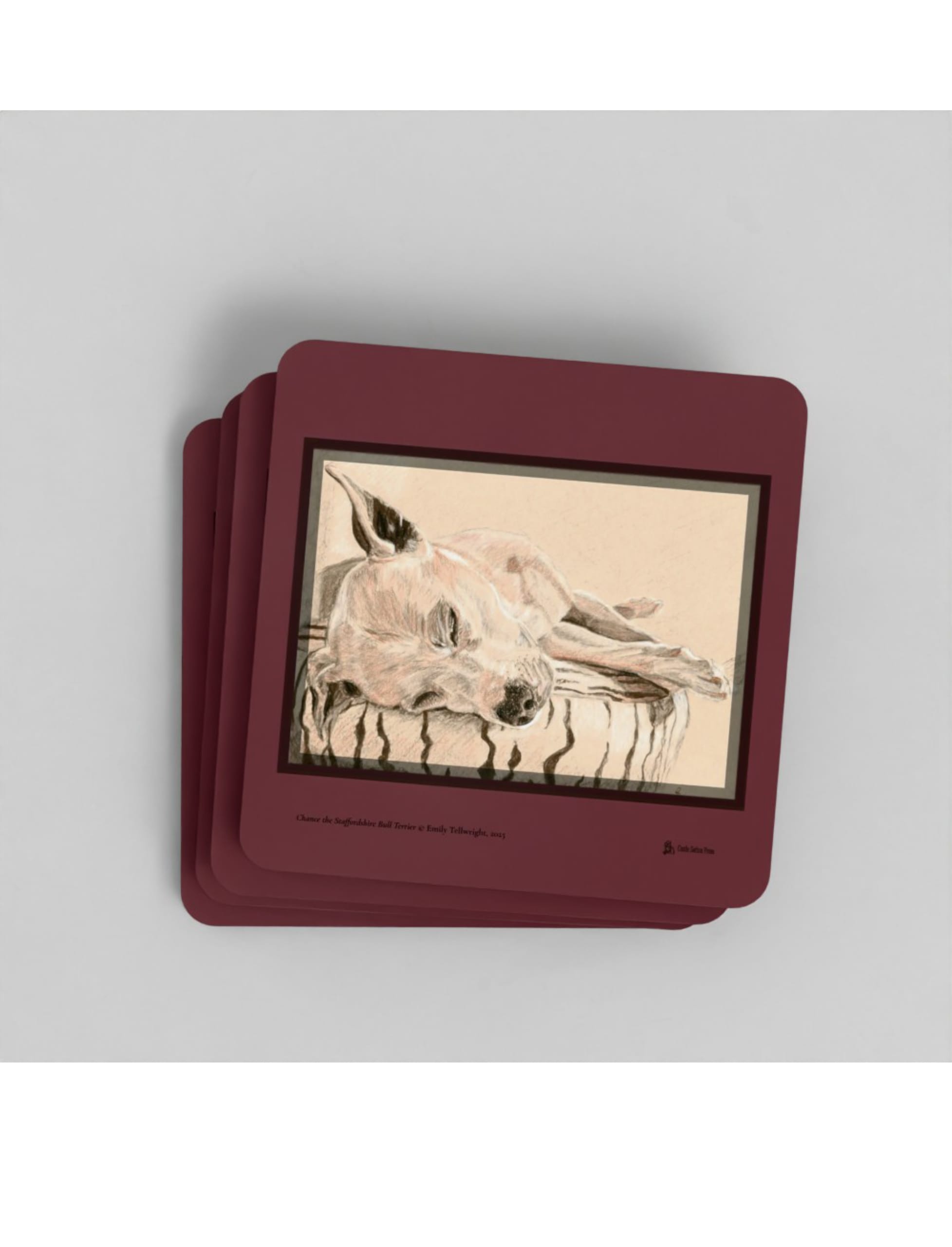 Chance the Staffordshire Bull Terrier Coasters showing a drawing by Emily Tellwright