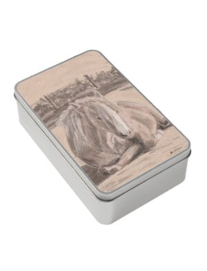 Goldie the Palomino storage tin a metal tin with a charcoal and chalk drawing by Emily Tellwright