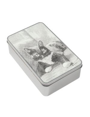 Edith the cat storage tin, a metal tin with a pencil drawing by Emily Tellwright