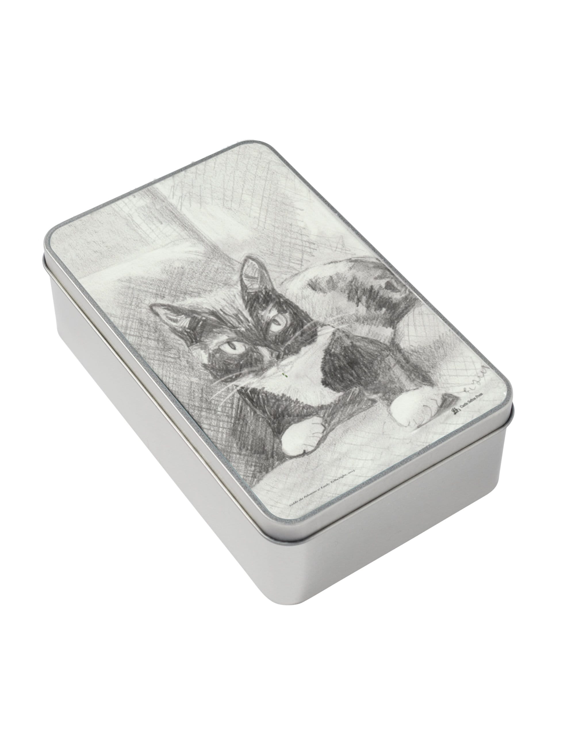 Edith the cat storage tin, a metal tin with a pencil drawing by Emily Tellwright