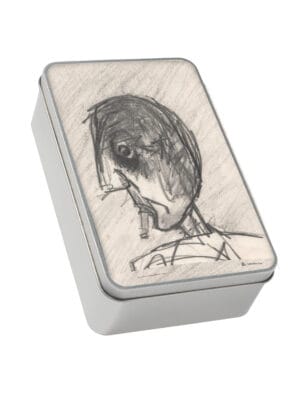 Grey Day storage tin, metal tin with pencil drawing of a head smoking