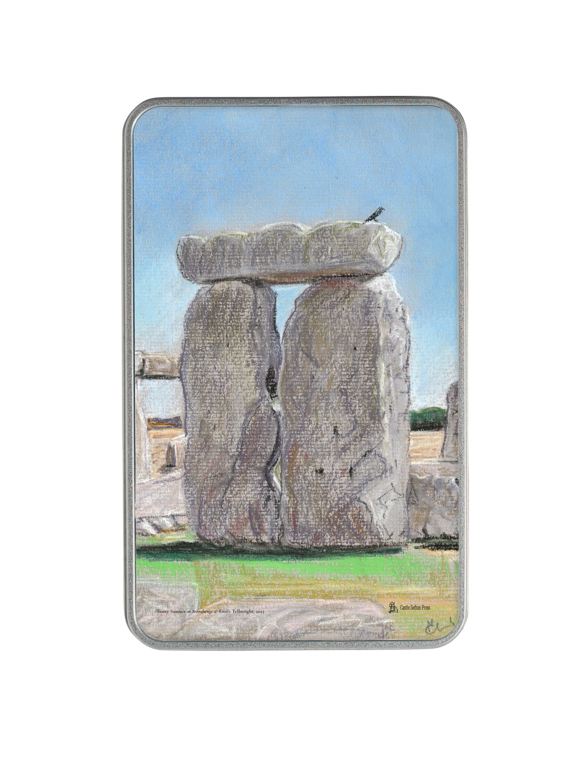 Sunny Summer at Stonehenge Storage tin, a metal tin showing a pastel drawing by Emily Tellwright