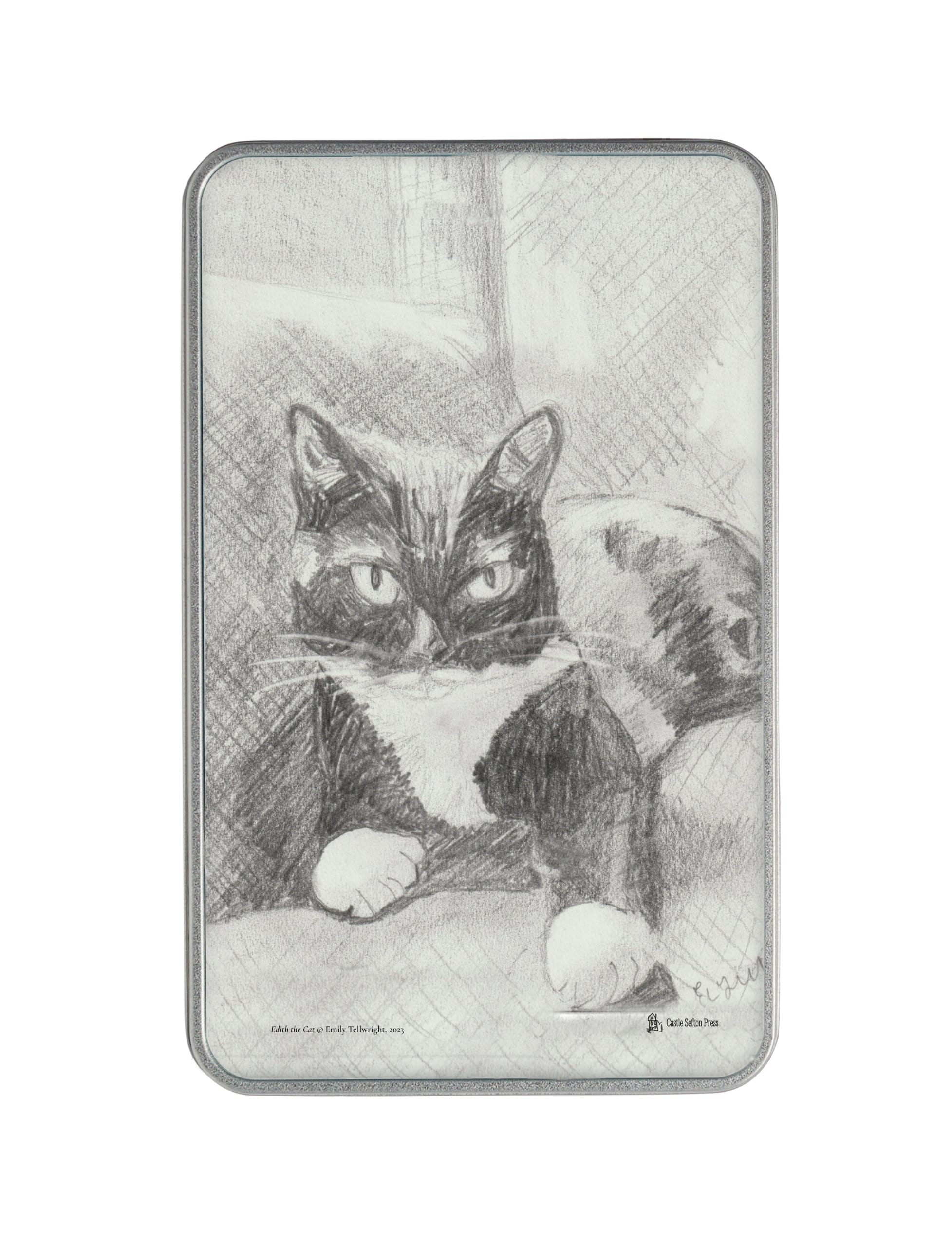 Edith the cat storage tin, a metal tin with a pencil drawing by Emily Tellwright