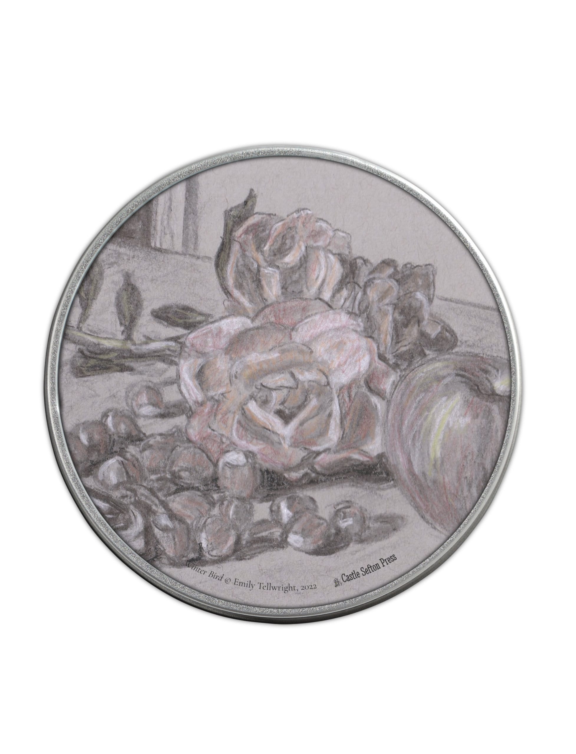 Not Quite Autumn storage tin, a metal tin with a charcola and chalk drawing by Emily Tellwright