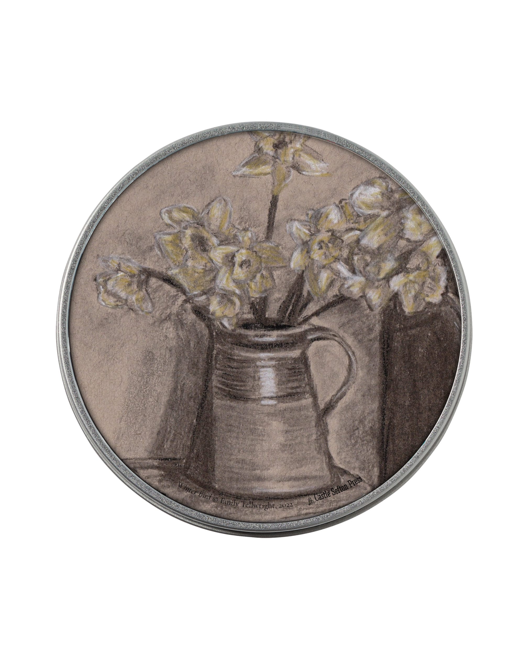 April Still Life storage tin, a metal tin with charcoal and chalk drawing by Emily Tellwright