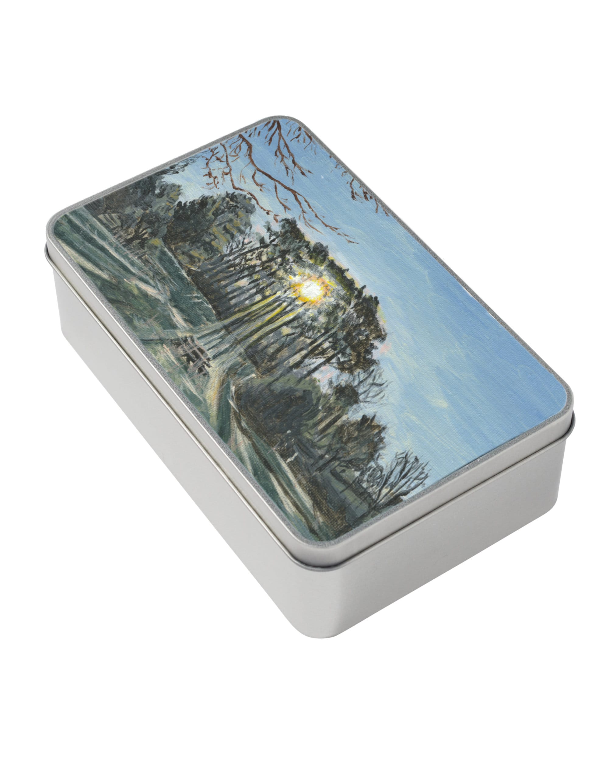 Winter Sun Through Trees Storage tin, a metal storage tin showing an acrylic painting by Emily Tellwright