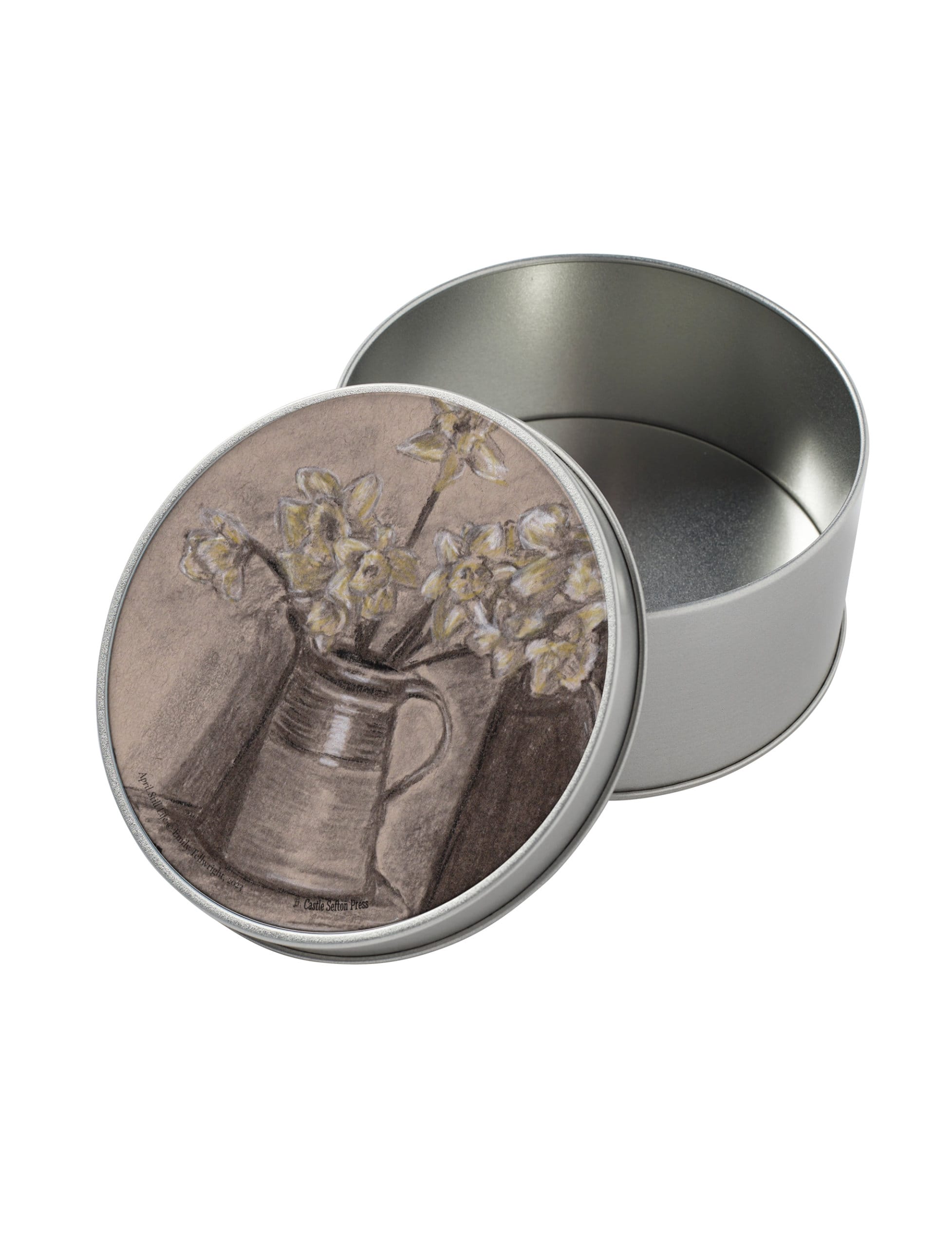 April Still Life storage tin, a metal tin with charcoal and chalk drawing by Emily Tellwright