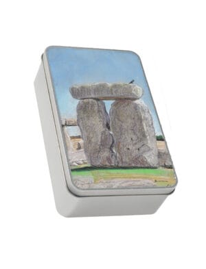 Sunny Summer at Stonehenge Storage tin, a metal tin showing a pastel drawing by Emily Tellwright