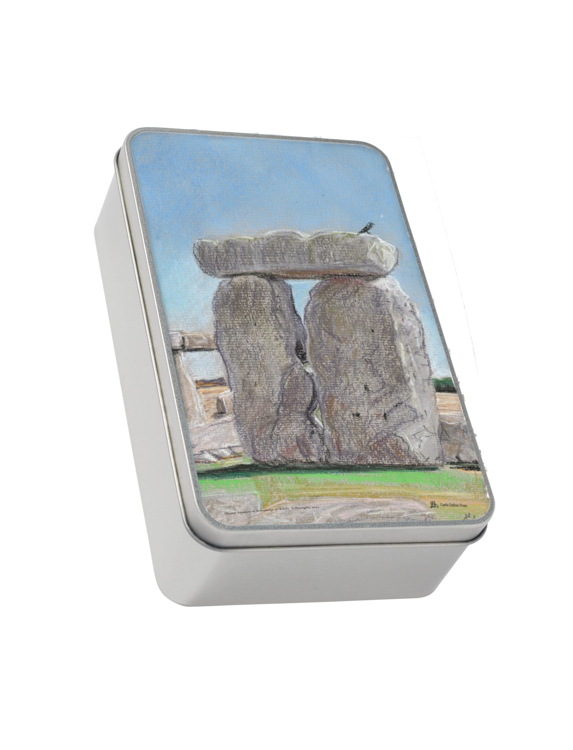 Sunny Summer at Stonehenge Storage tin, a metal tin showing a pastel drawing by Emily Tellwright