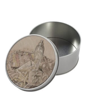 At the Seaside storage tin, a metal tin with a charcoal and chalk drawing by Emily Tellwright