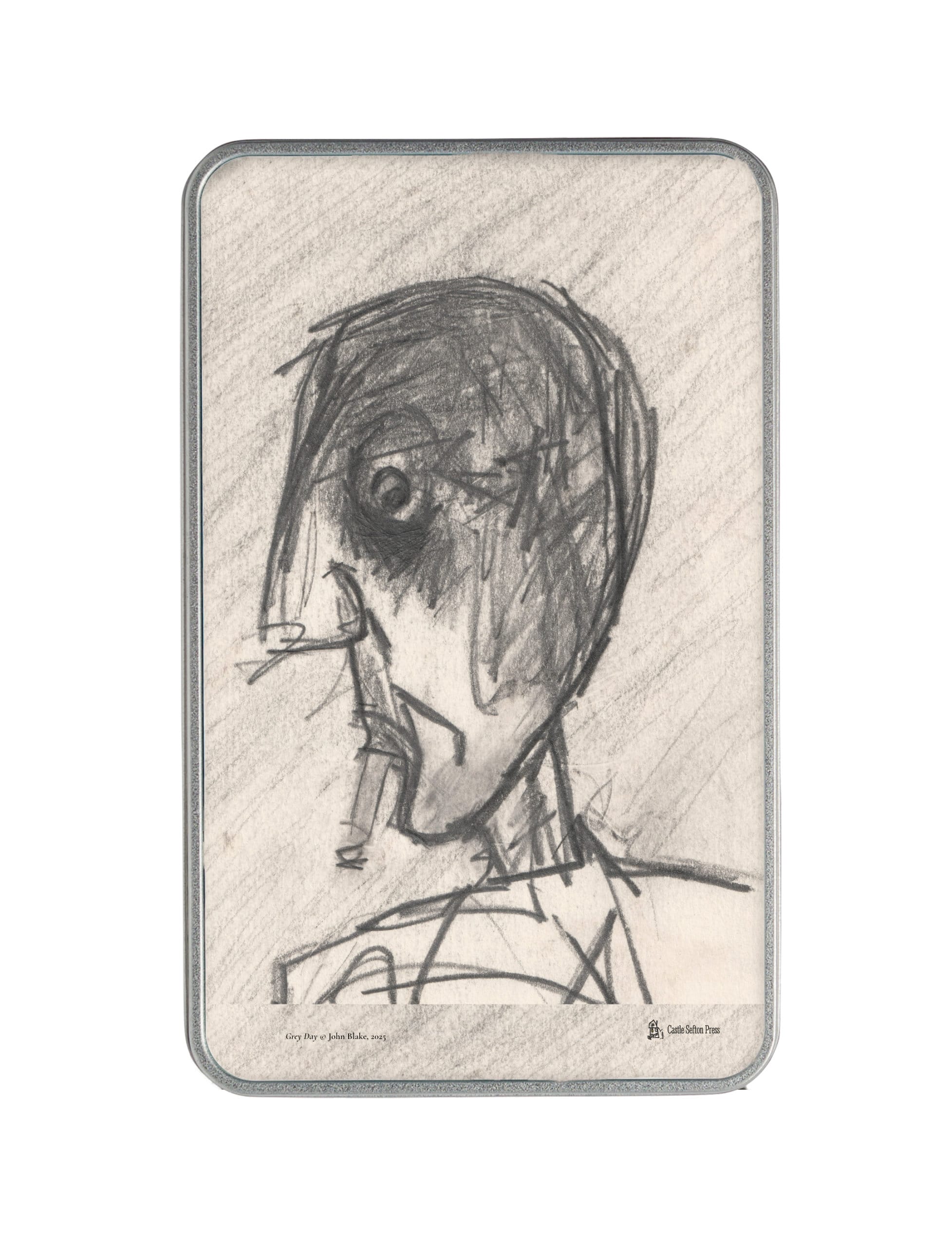 Grey Day storage tin, metal tin with pencil drawing of a head smoking