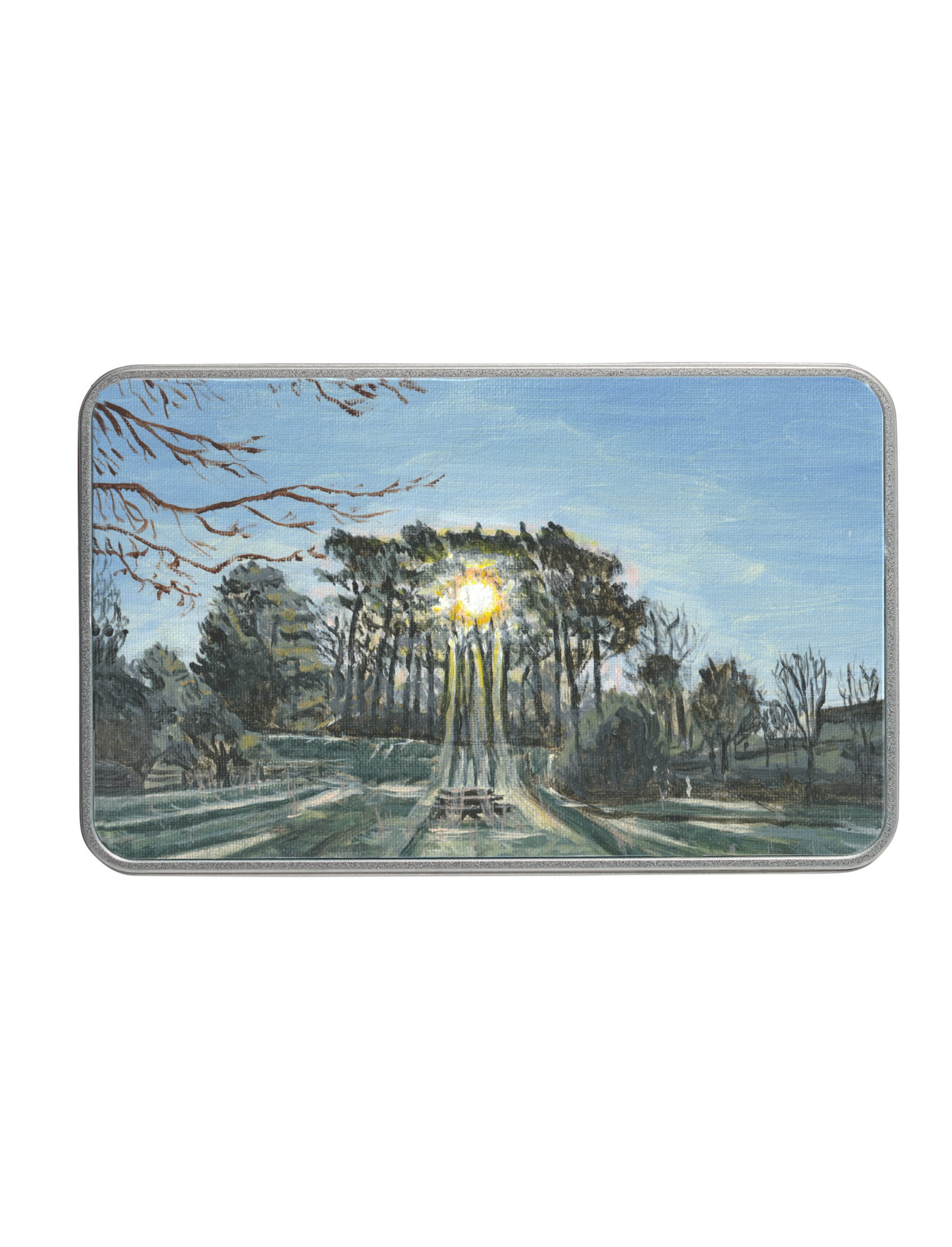 Winter Sun Through Trees Storage tin, a metal storage tin showing an acrylic painting by Emily Tellwright