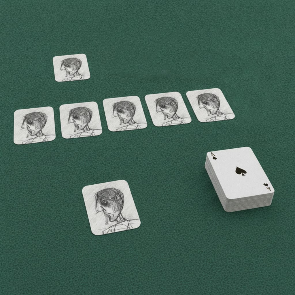 Grey day playing cards laid out on a green baize table