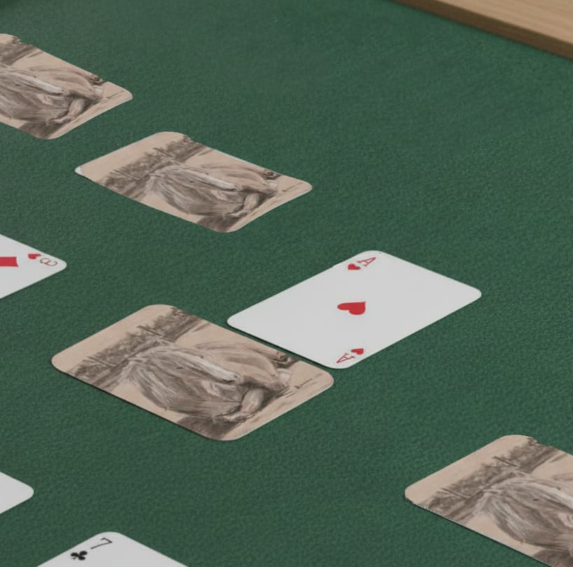 Goldie the palomino playing cards on a card table