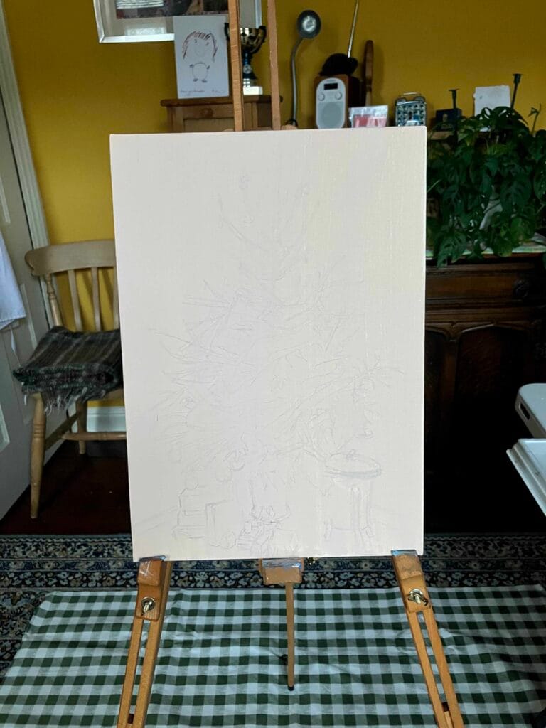 An easel with a canvas and a drawing sketched on it showing Emily Tellwright's art practice