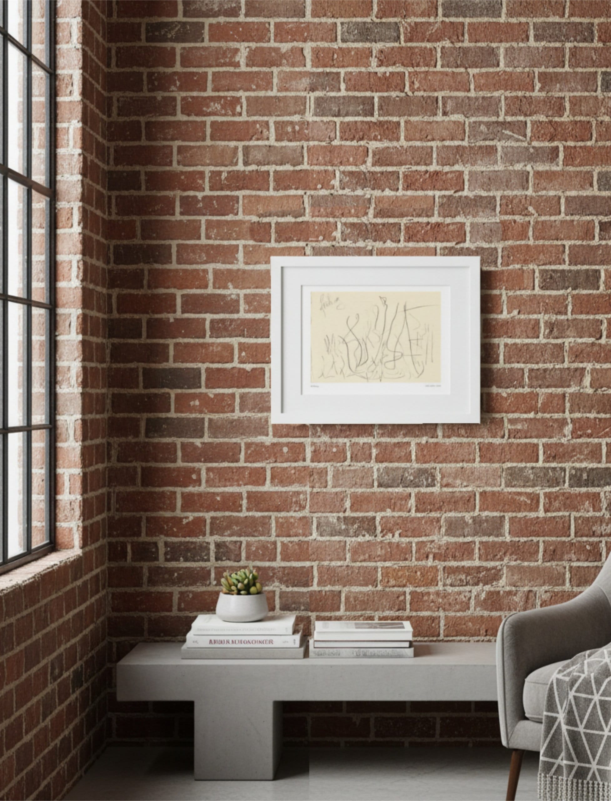 fruhling framed art print on a brick interior wall next to a window