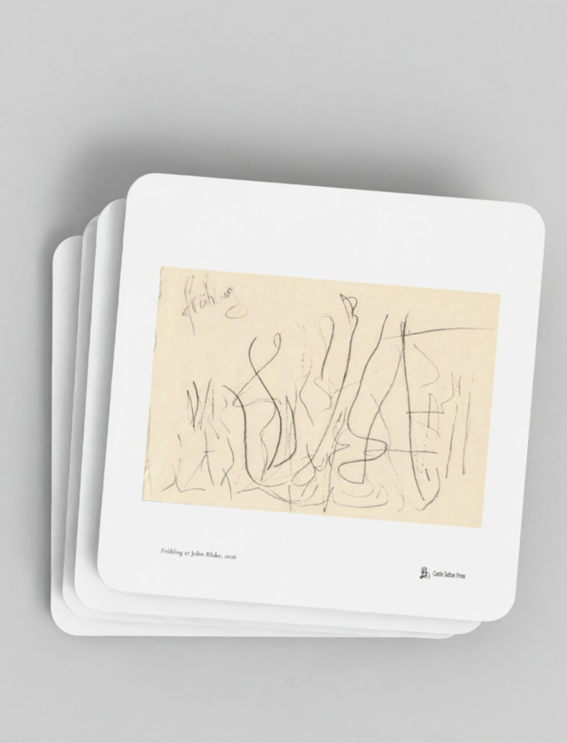 Four Frühling Coasters showing a pencil drawing by John Blake