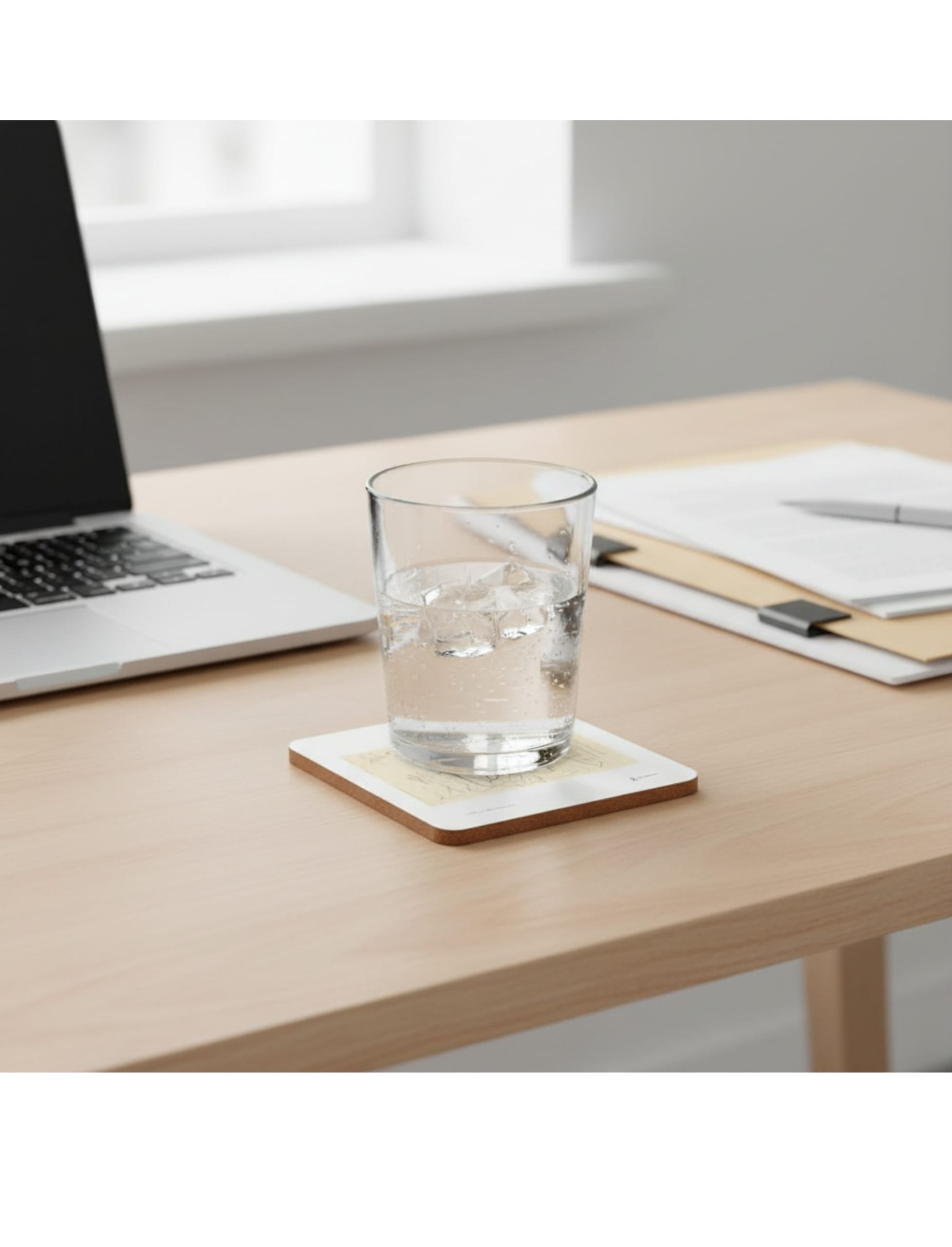 Frühling Coaster showing a pencil drawing by John Blake on a table with a water glass on it