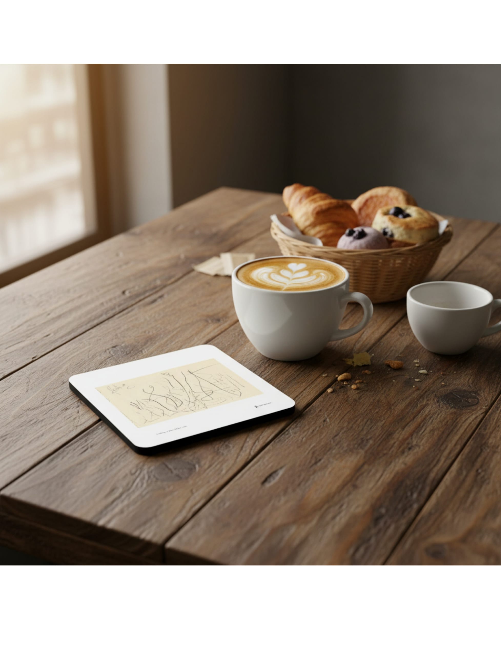 Frühling Coaster showing a pencil drawing by John Blake on a table with coffee and pastries