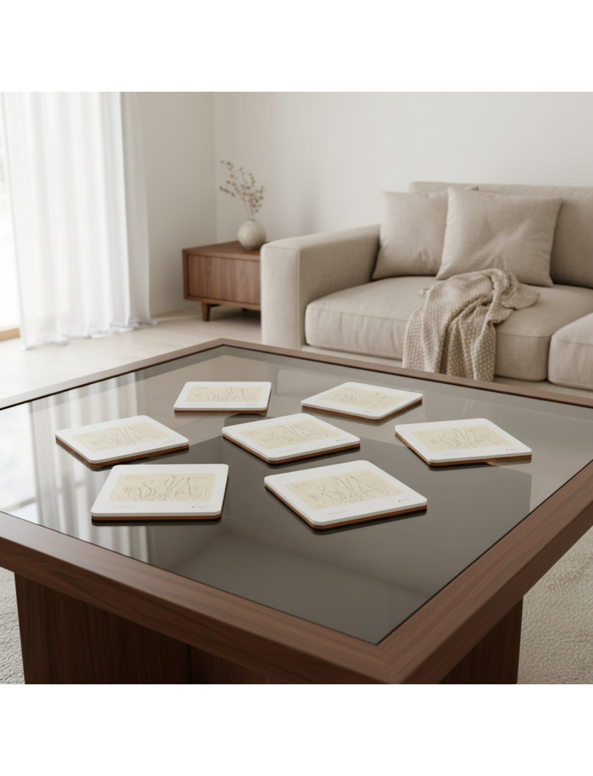 Frühling Coaster showing a pencil drawing by John Blake on a table