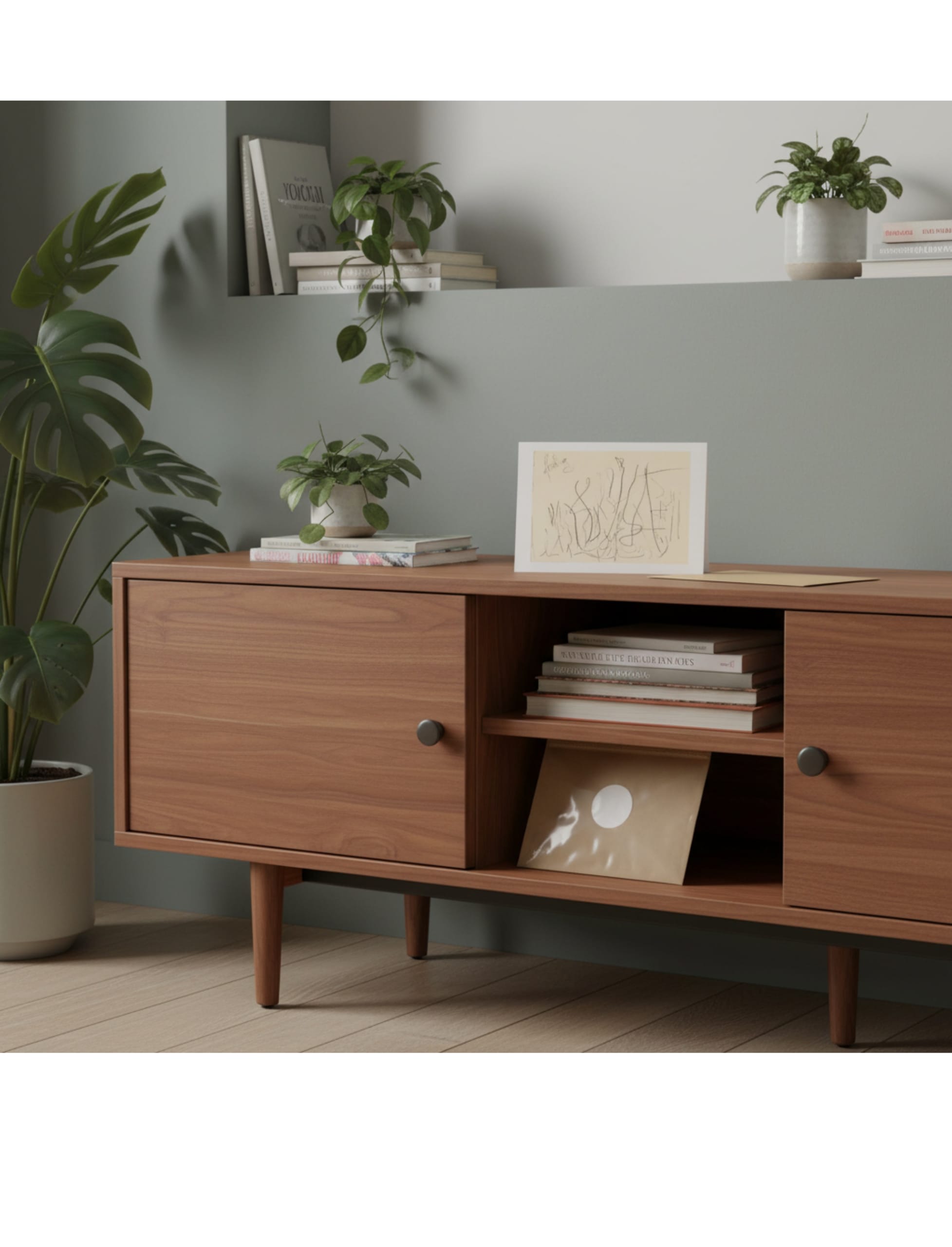 Fruhling greetings card showing a pencil drawing by john blake on a modern sideboard