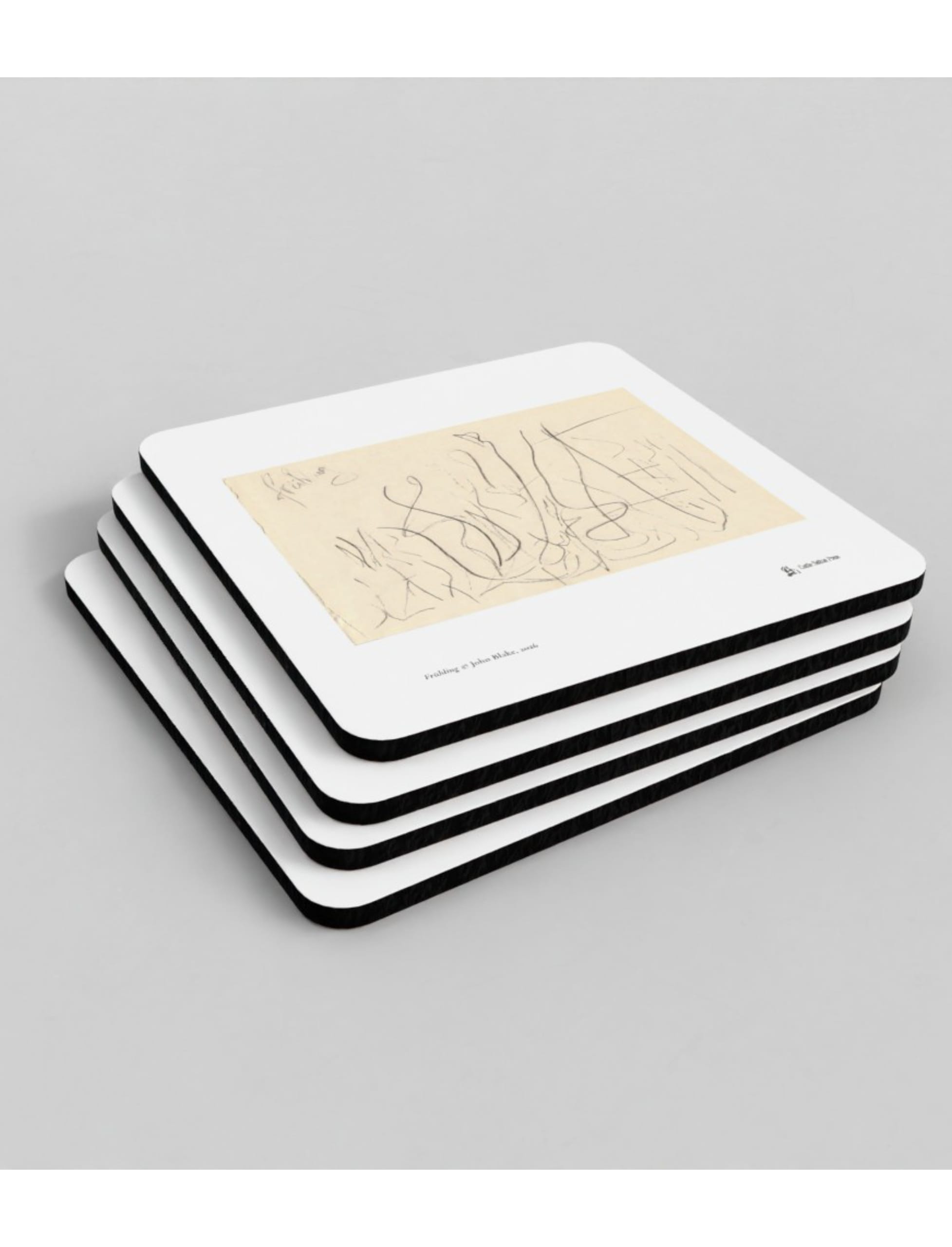 Four Frühling Coasters showing a pencil drawing by John Blake