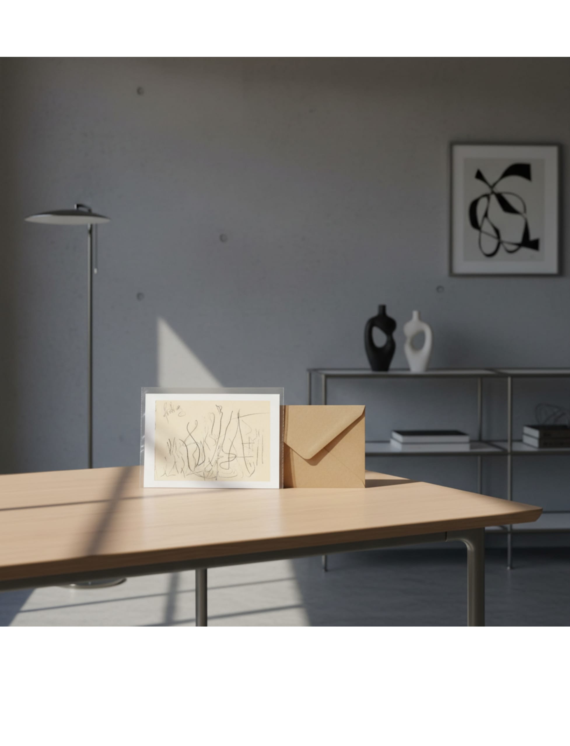 Fruhling greetings card showing a pencil drawing by john blake on a modern table