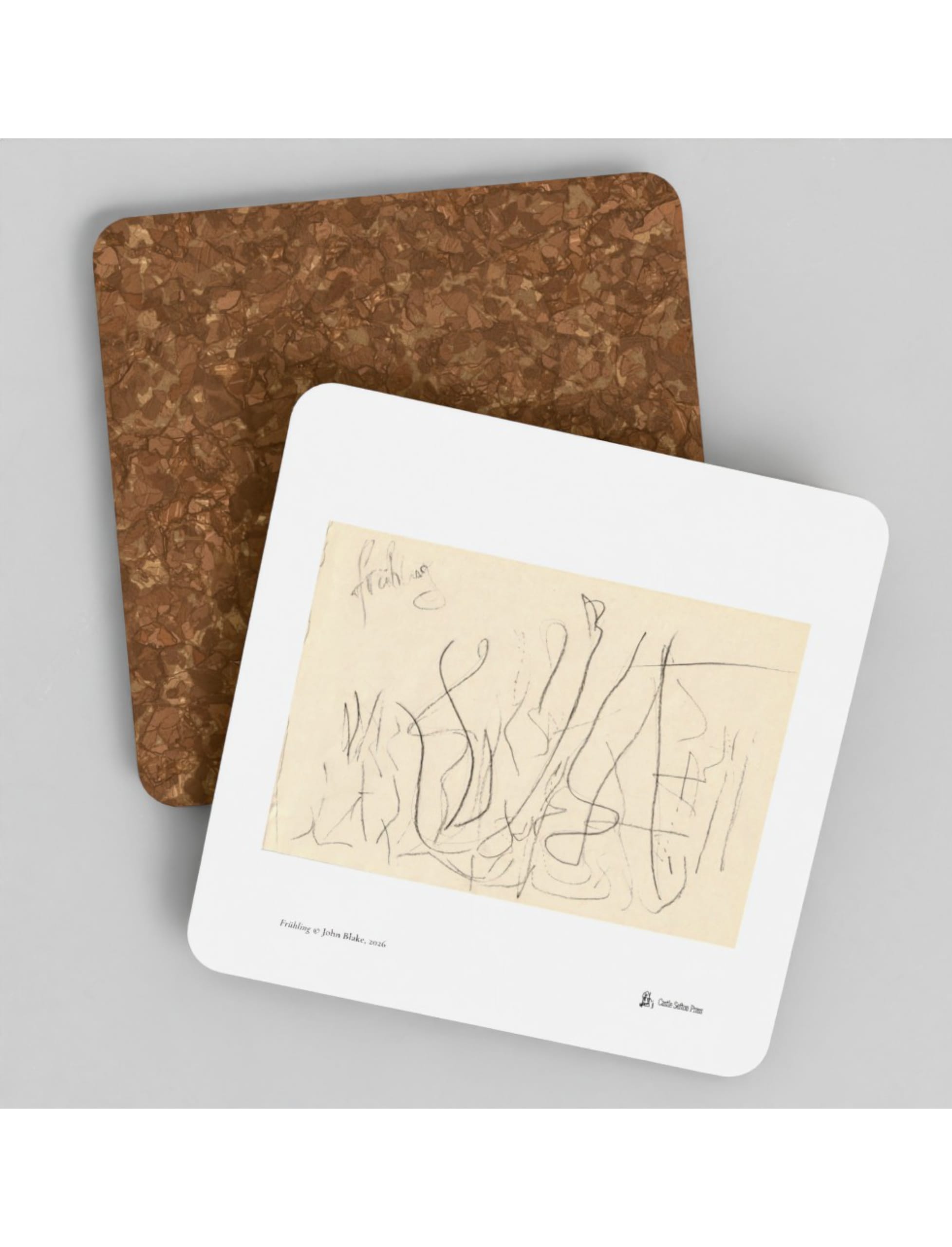 Two Frühling Coasters showing a pencil drawing by John Blake
