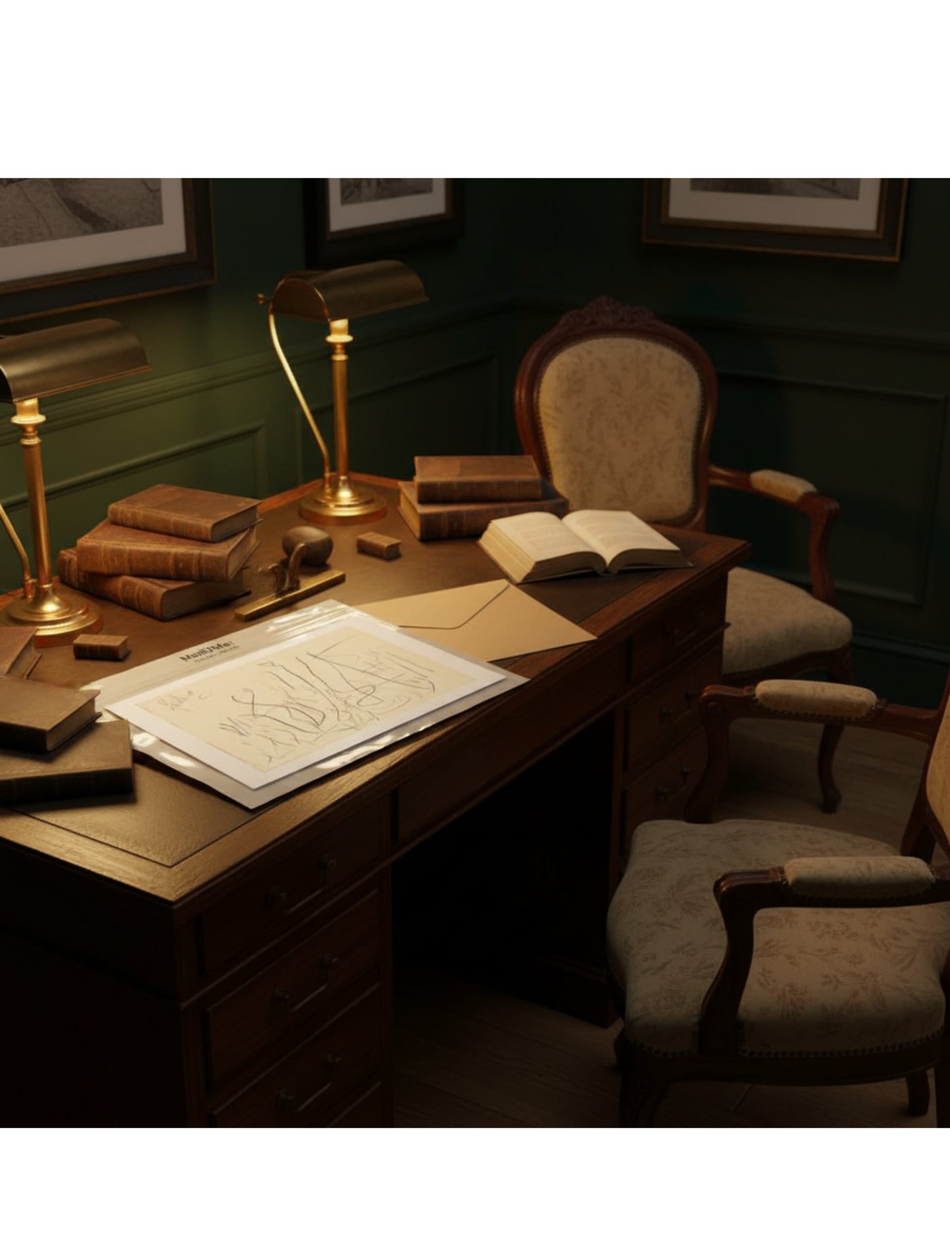Fruhling greetings card showing a pencil drawing by john blake on a desk with candles