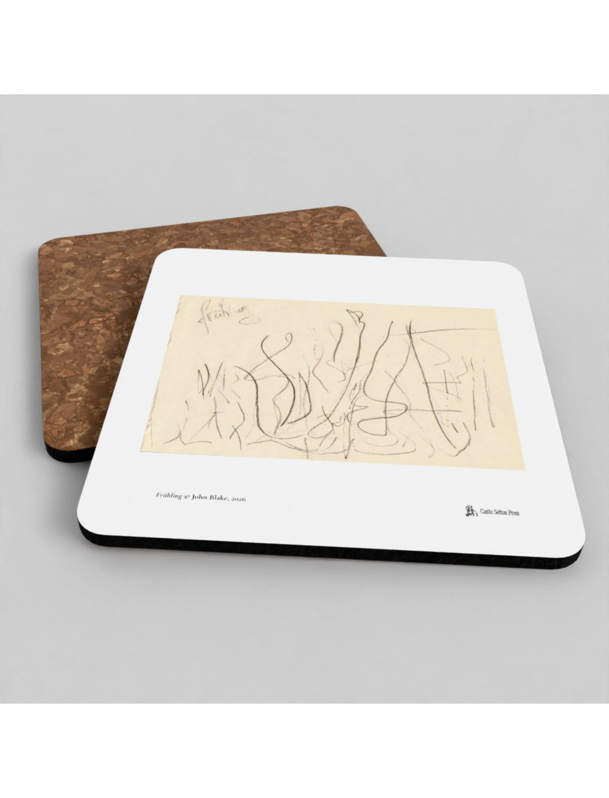 Two Frühling Coasters showing a pencil drawing by John Blake