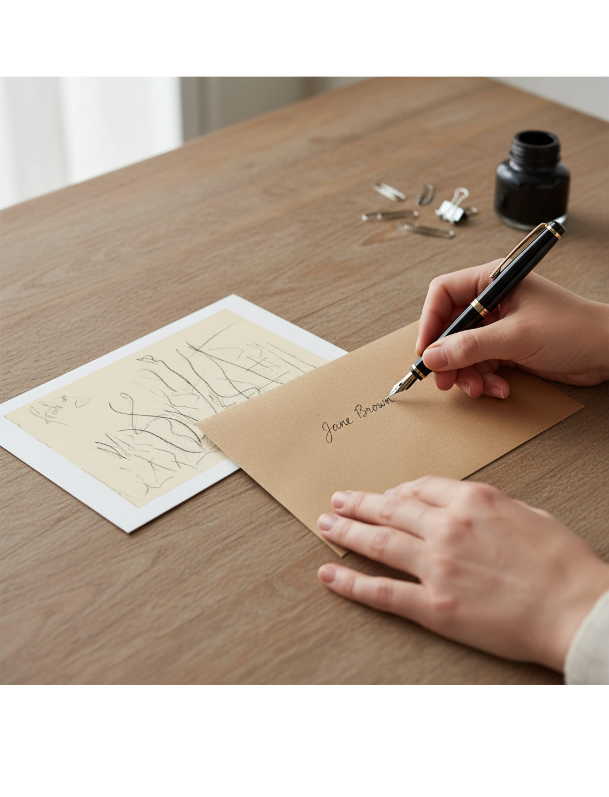 Fruhling greetings card showing a pencil drawing by john blake with a person addressing the envelope