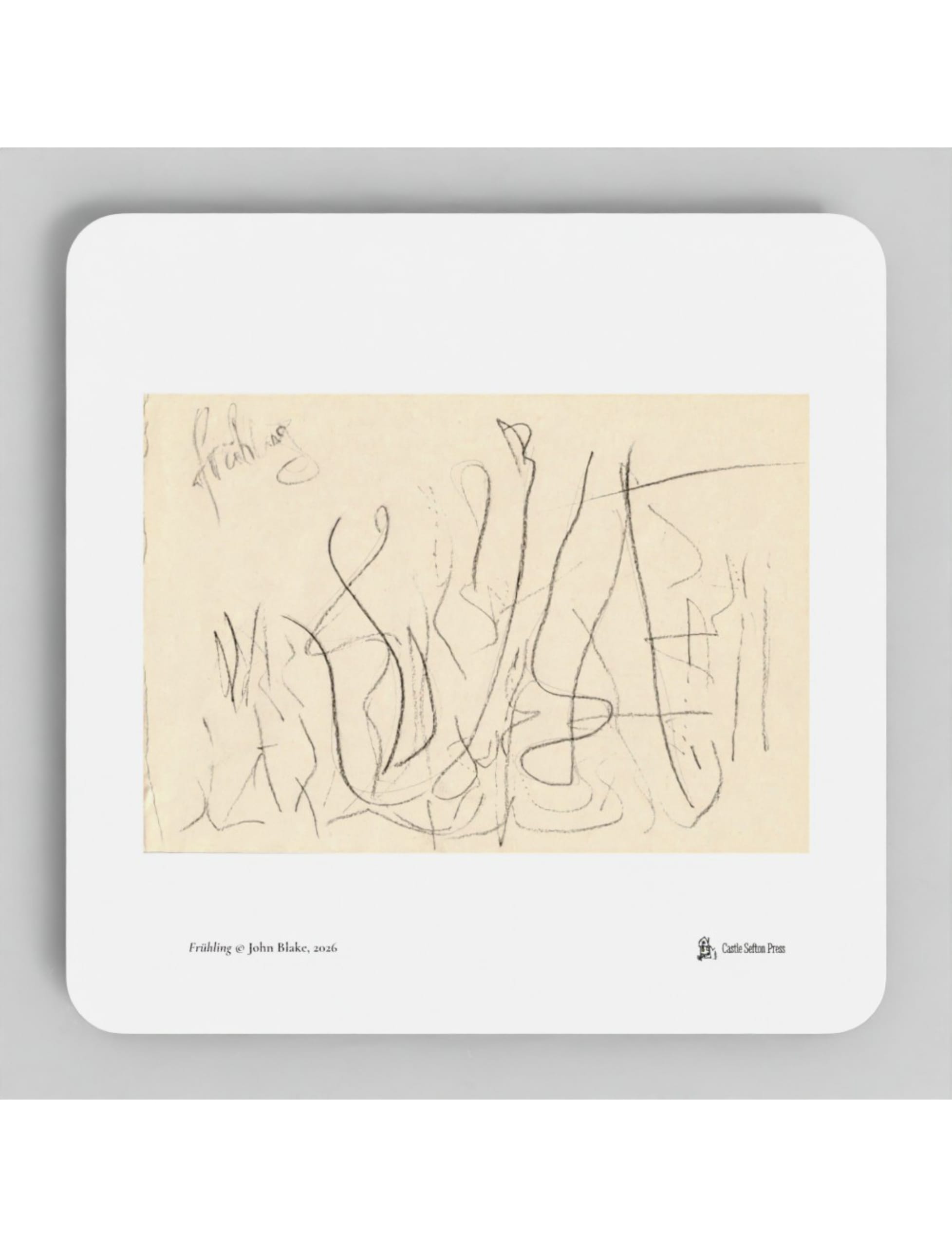 Frühling Coaster showing a pencil drawing by John Blake