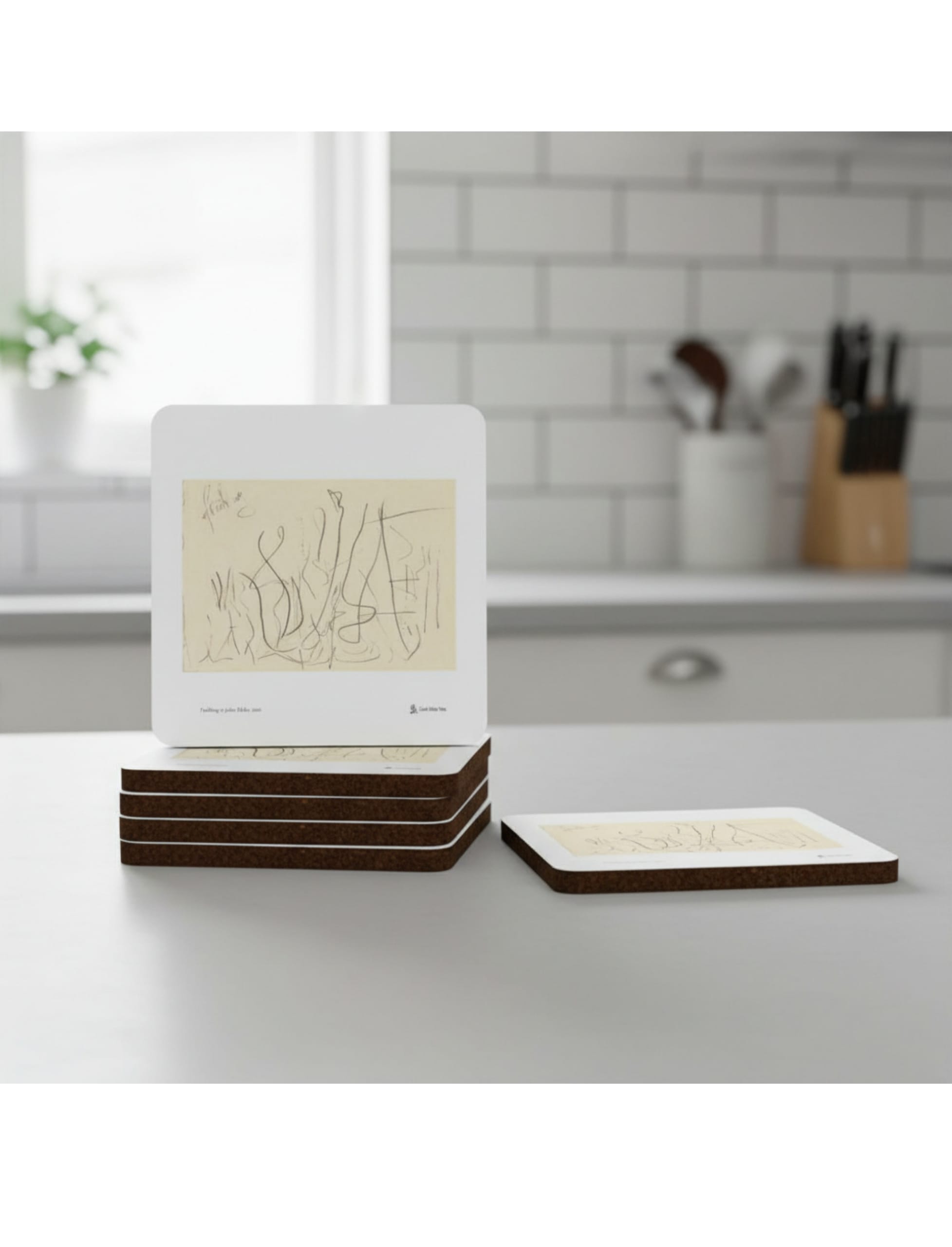 Six Frühling Coasters showing a pencil drawing by John Blake