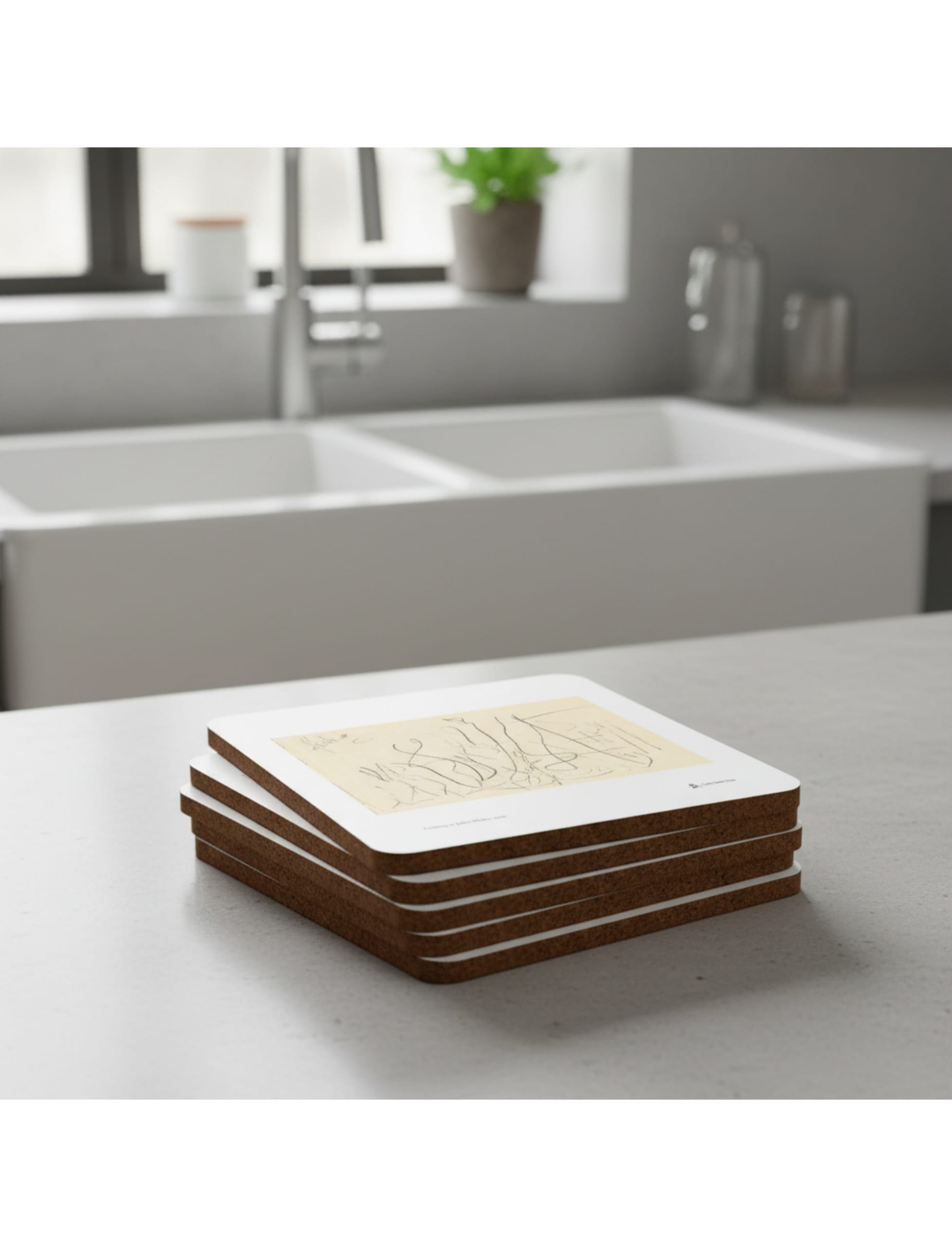 Five Frühling Coasters showing a pencil drawing by John Blake