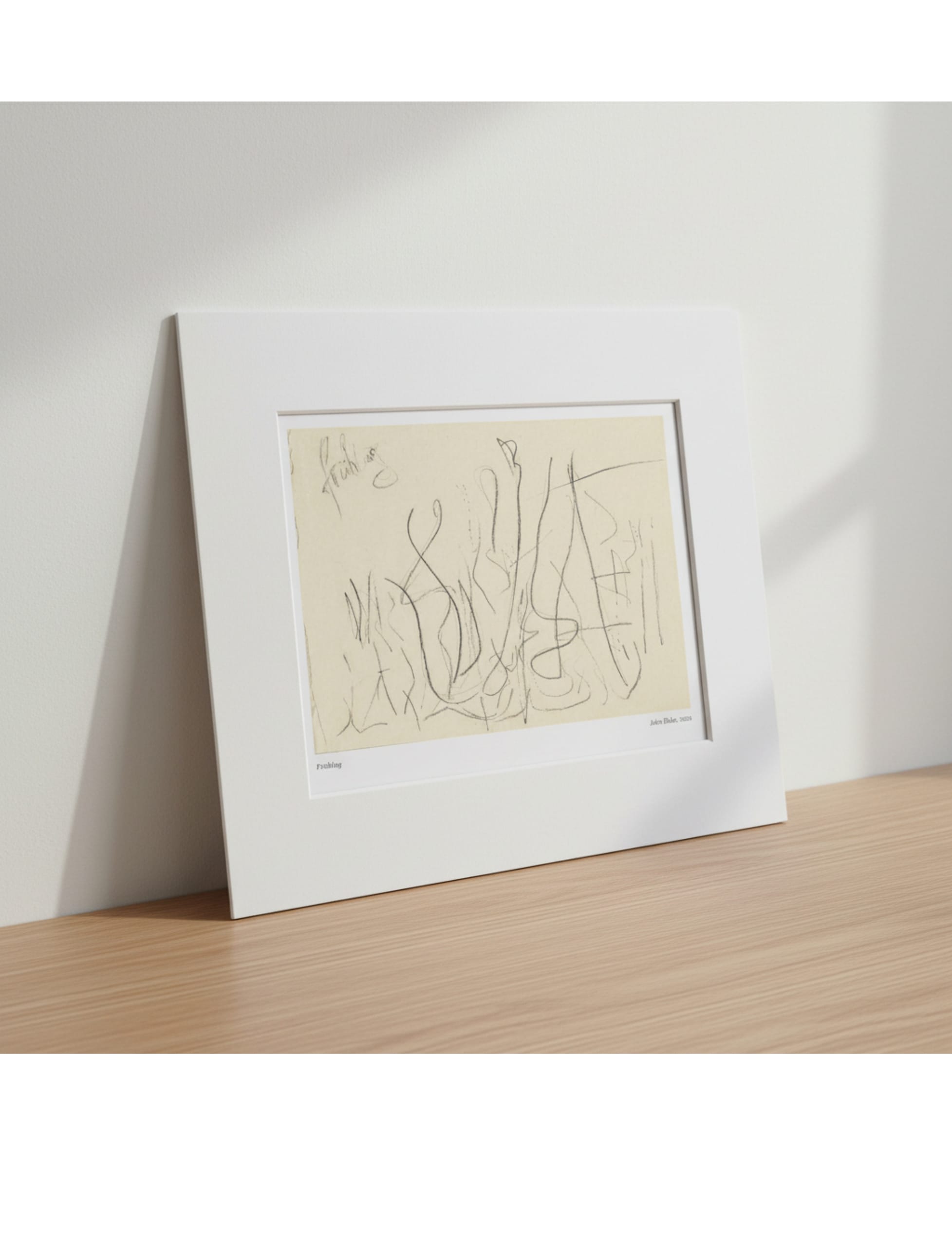 Fruhling art print showing a pencil drawing by john blake displayed in a mount