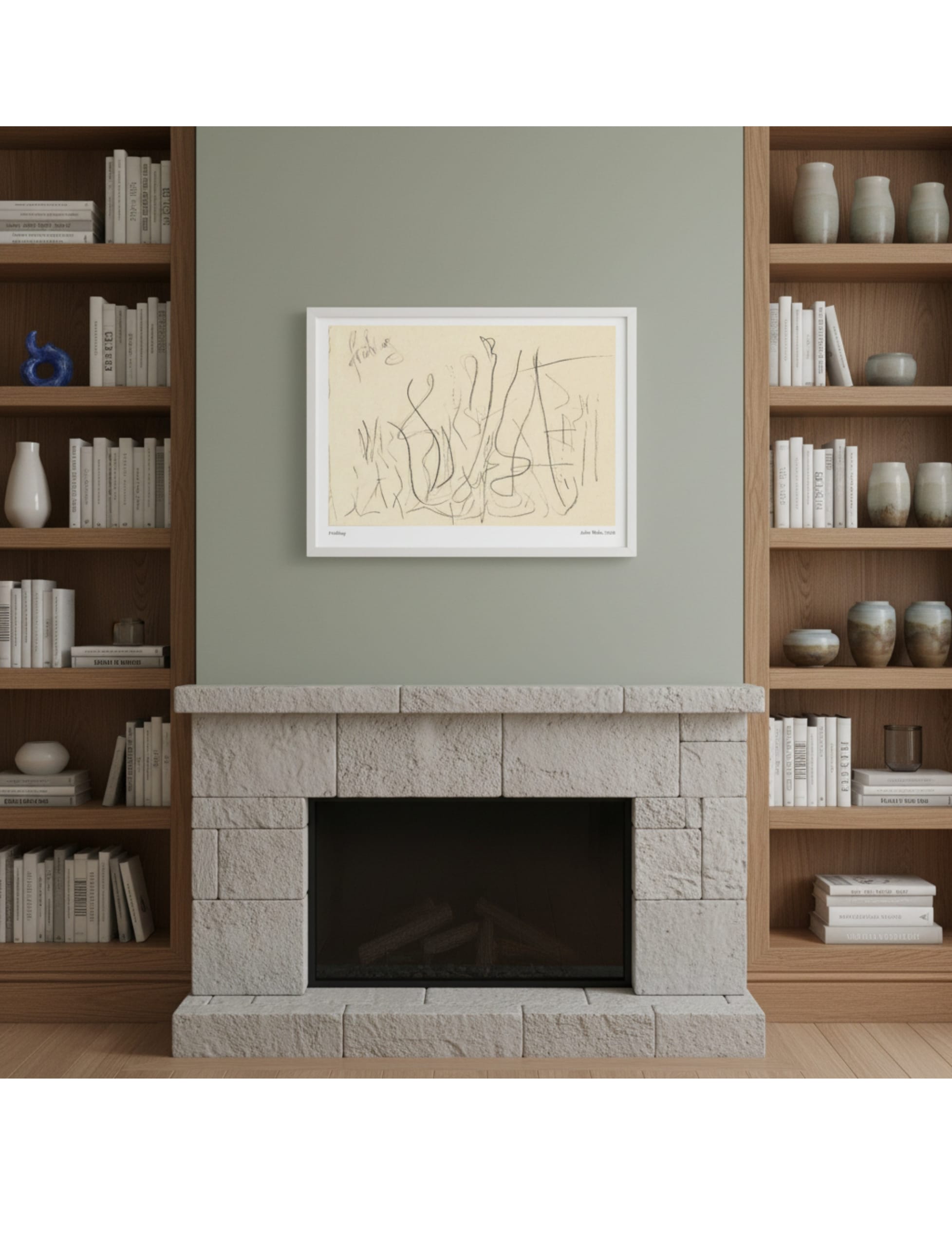 Fruhling art print showing a pencil drawing by john blake displayed in a clip frame over a fireplace
