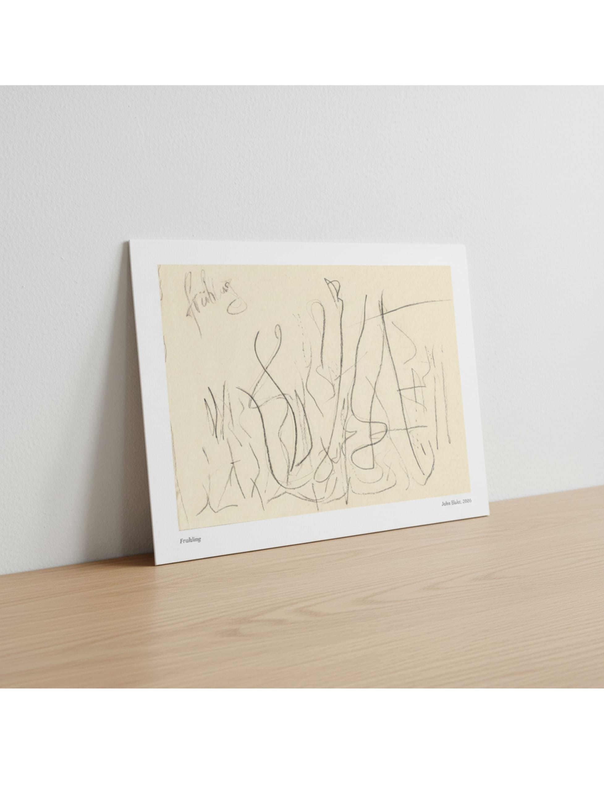 Fruhling art print showing a pencil drawing by john blake displayed on a board