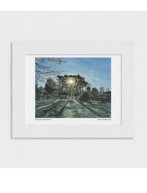 Winter Sun Through Trees Mounted Art Print, 11" x 14", landscape painting by Emily tellwright