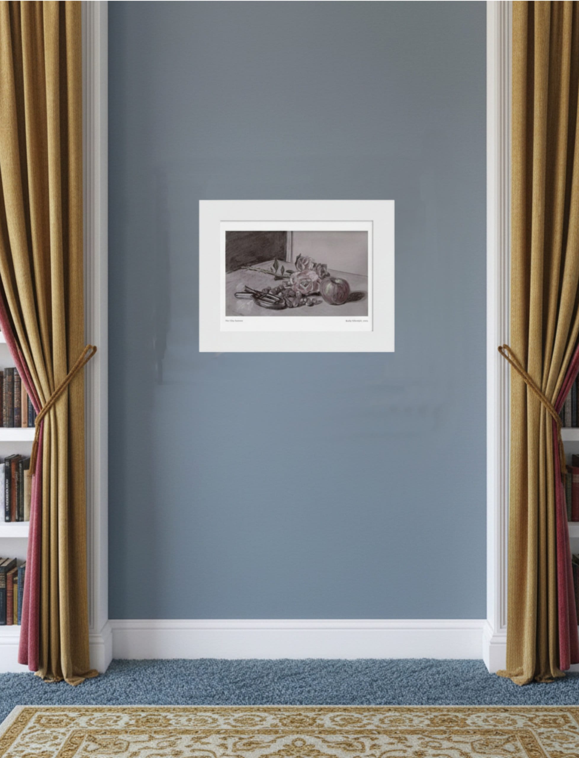 Not Quite Autumn Mounted Art Print Still Life on wall between curtains